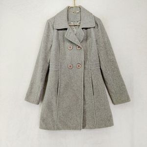 BP. Gray Double Breasted Slit Hem Long Pea Coat